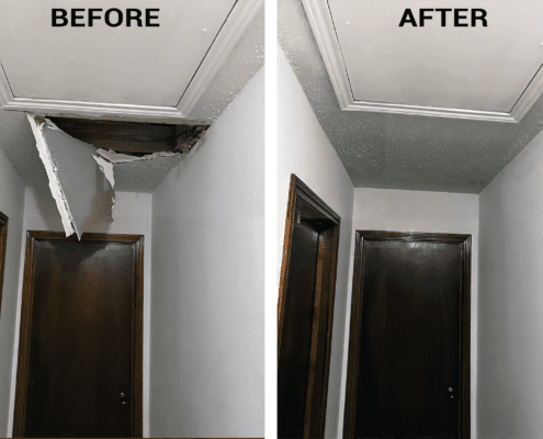 Before-and-after image showcasing Ponderosa Painting's professional drywall repair (sheetrock repair) project in Pearl River, Louisiana.